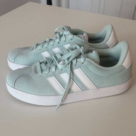Worn once!! adidas Women's Light Mint Suede Sneakers with White Stripes - Picture 2 of 4